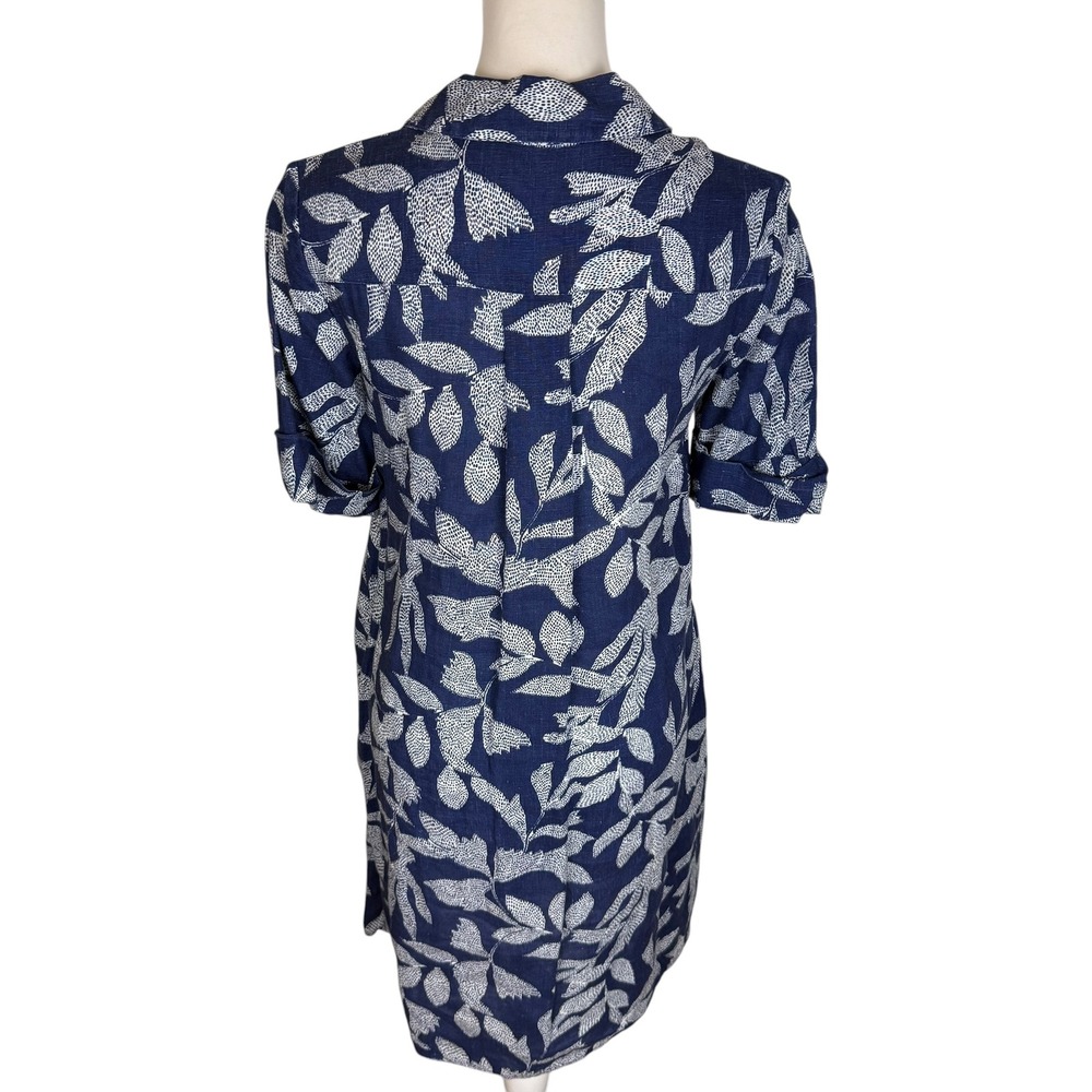 Chicos Navy Blue White Linen Botanical Leaf Print Shirt Dress Size 00 US 2 - Picture 3 of 9